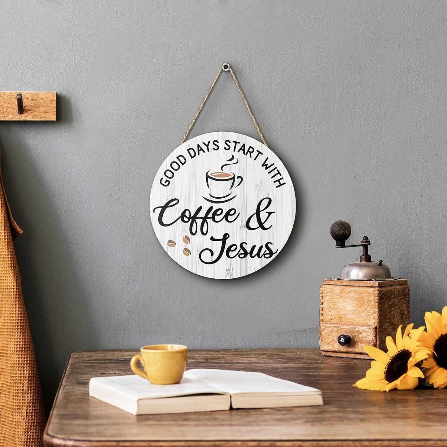 Coffee and Jesus Signs for Cafe Decor, 12'' X 12'' -White