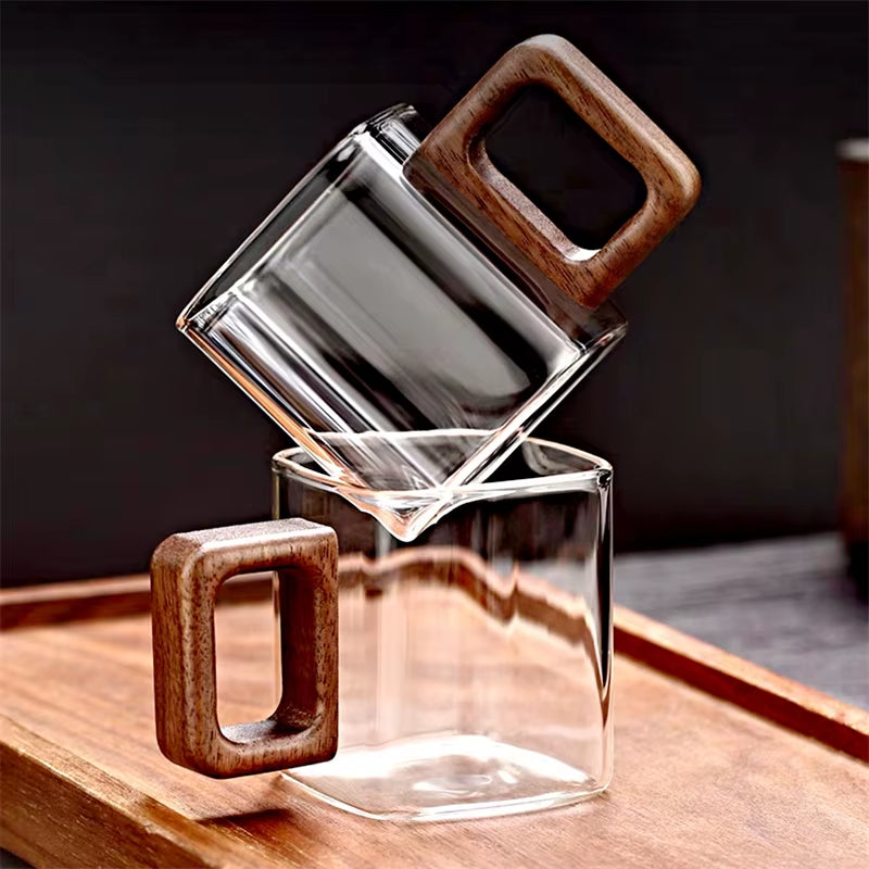 Small Capacity Fresh Ground Coffee Glass Coffee Mug with Walnut Wooden Handle Home Breakfast Milk Tea Cups and Mugs Drinkware