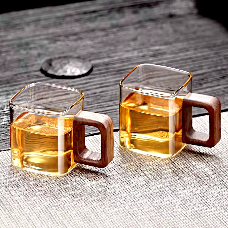Small Capacity Fresh Ground Coffee Glass Coffee Mug with Walnut Wooden Handle Home Breakfast Milk Tea Cups and Mugs Drinkware