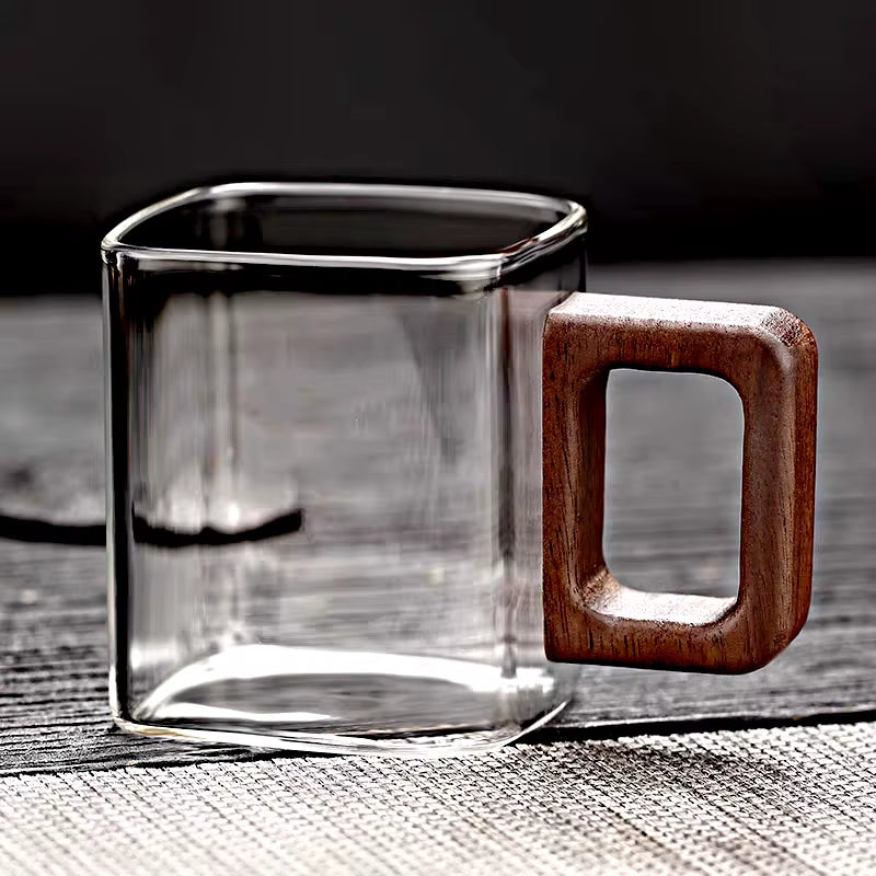 Small Capacity Fresh Ground Coffee Glass Coffee Mug with Walnut Wooden Handle Home Breakfast Milk Tea Cups and Mugs Drinkware