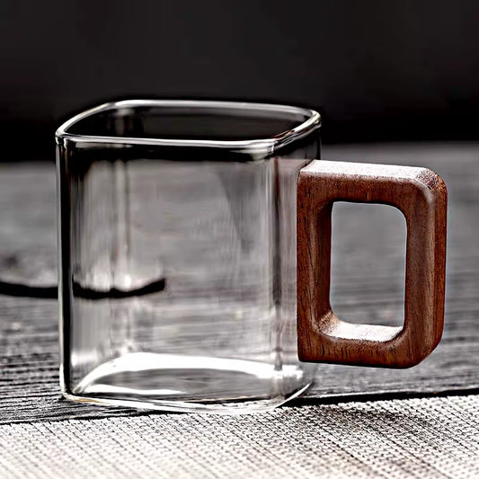 Small Capacity Fresh Ground Coffee Glass Coffee Mug with Walnut Wooden Handle Home Breakfast Milk Tea Cups and Mugs Drinkware