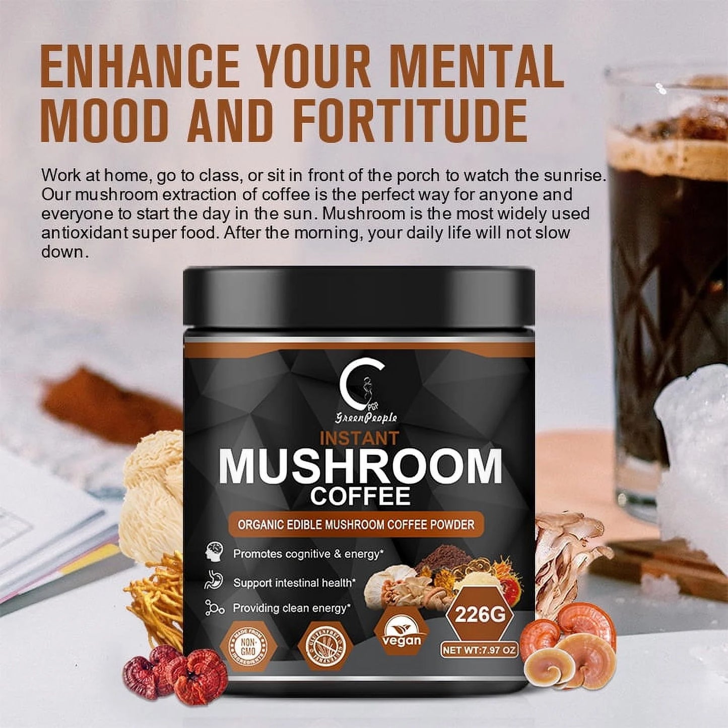 Mushroom Coffee Powders | Mushroom Supplement 7 Superfood Mix with Lion'S Mane, Reishi, Chaga, Cordyceps, Shiitake, Maitake & Turkey Tail - 113G (3.98Oz)