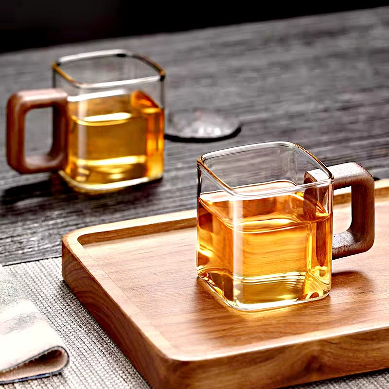 Small Capacity Fresh Ground Coffee Glass Coffee Mug with Walnut Wooden Handle Home Breakfast Milk Tea Cups and Mugs Drinkware